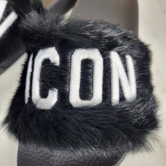 NWB~$825~DSQUARED2~8/8.5~ICON BLACK WHITE GENUINE RABBIT FUR SANDALS SLIDES - Picture 12 of 16
